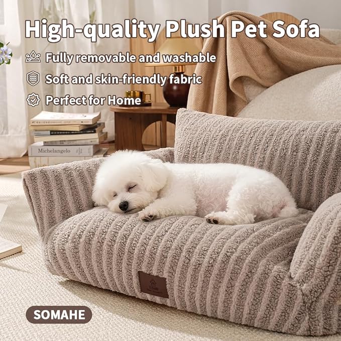 Cozy Couch for Cats Fluffy Pet Sofa with Premium Soft Fleece Fuzzy Cat Beds for Indoor Cat with Removable Washable Cover Supportive Pet Bed 24×18inch Coffee