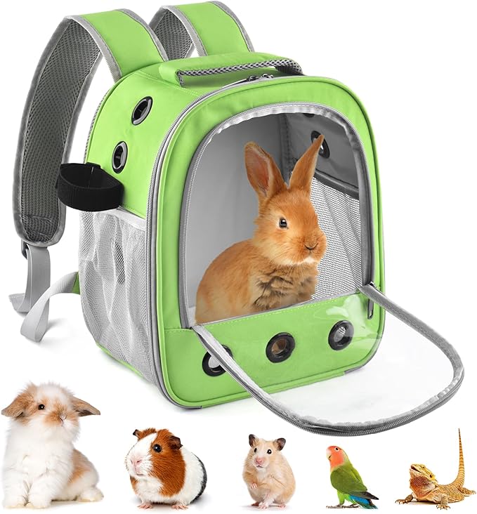 Guinea Pig Carrier Backpack, Portable Rabbit Travel Carring Bag for Pet Bunny Chinchilla Bearded Dragon Hamster Parrot Outgoing Pouch Case with Water Bottle Holder & Detachable Pad (Green)