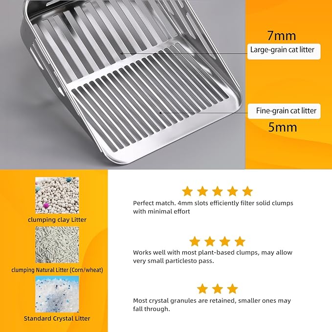 304 Stainless Steel Cat Litter Scoop, One-Piece Pressed Design with No Weld Spots, Durable Anti-Break Handle, Dual Slot Sizes, Easy to Clean, Filters Small Litter Clumps Litter Scoop