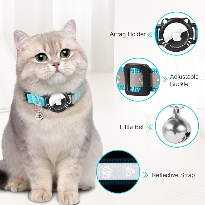 Airtag Cat Collar, Reflective Cat Collar with Apple Air Tag Holder, Breakaway GPS Tracker Pet Collar with Bell for Cat Kitten, Airtag Not Included, Blue, XS(7-9 Inch)