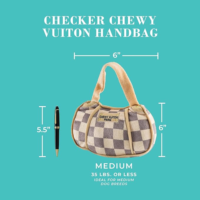 Haute Diggity Dog Medium Checker Chewy Vuiton Plush Dog Toys for Small, Medium & Large Dogs, 3-Pack Durable Stuffed Designer-Inspired Pet Toys with Interactive Squeaker, Machine-Washable & Safe