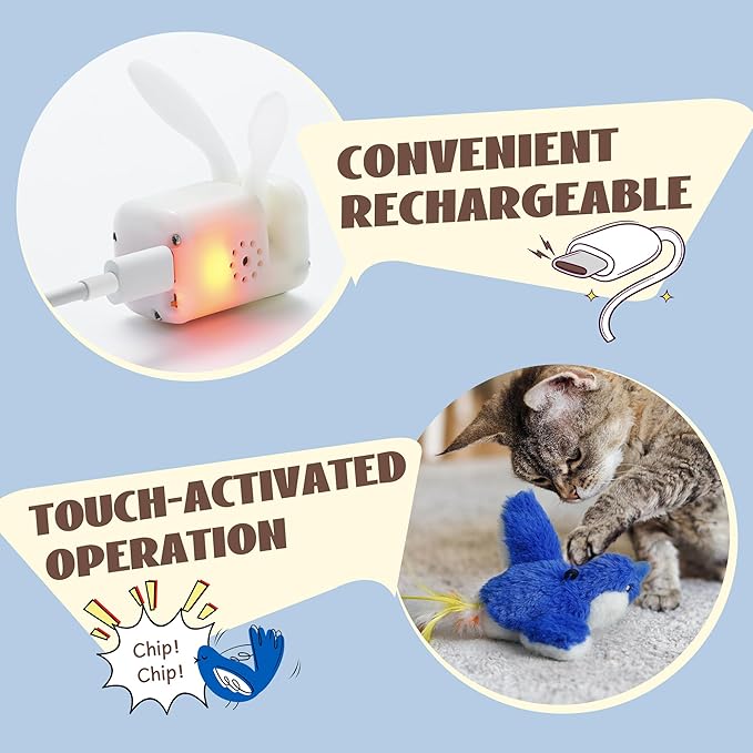 Flapping Bird Cat Toy, Interactive Catnip Kitten Toy with Lifelike Chirping, Rechargeable & Touch Activated for Bored Indoor Adult Cats of All Breeds, Blue
