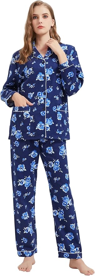 GLOBAL Flannel Pajamas for Women 2-Piece Comfy and Cozy Flannel Pj Set Cotton Loungwear