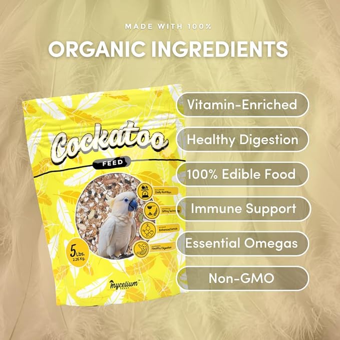 Mycelium Organic Cockatoo Bird Seed (5 LB Bag) | High-Protein Bird Food with Seeds, Pellets & Kibble | Supports Feather Health, Energy & Digestion | Non-GMO, USA-Grown