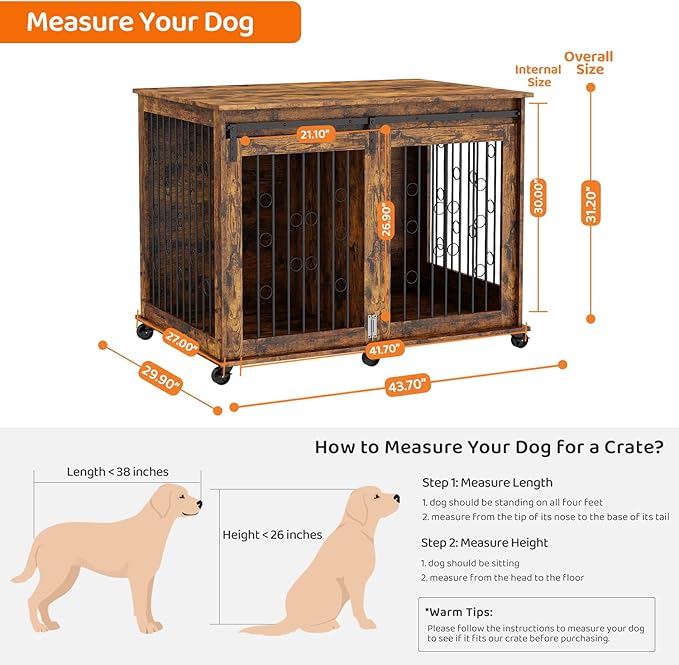 IchbinGo Large Dog Crate Furniture with Sliding Barn Door, 43.7" Wooden Dog Kennel End Table with Wheels and Flip-top Plate Dog House with Detachable Divider for Small/Medium/Large Dog (Rustic Brown)