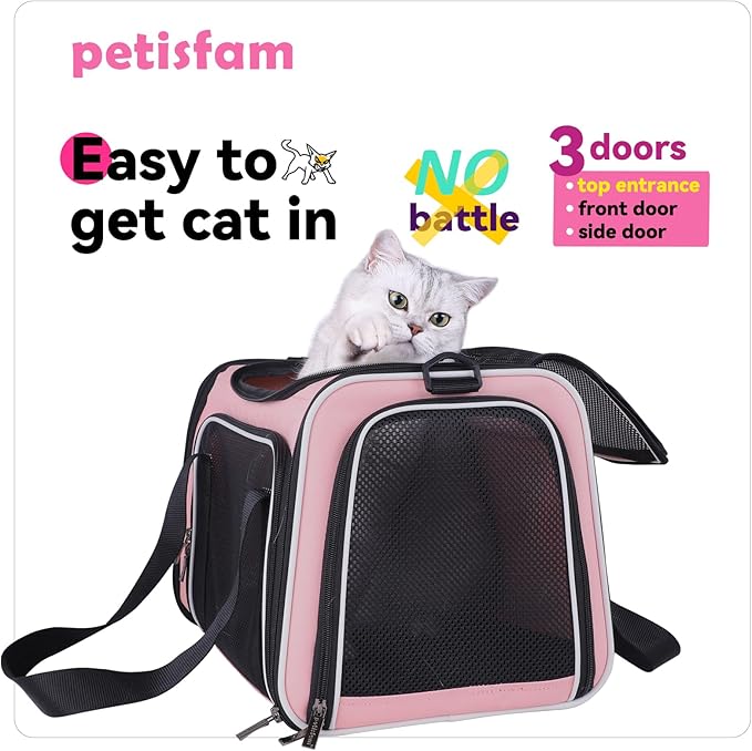 petisfam Soft Pet Carrier for Medium Cats and Small Dogs with Cozy Bed, 3 Doors, Top Entrance | Airline Approved, Escape-Proof, Breathable, Leak-Proof, Easy Storage (Pink)