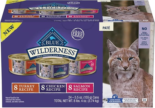 Blue Buffalo Wilderness High Protein, Natural Adult Pate Wet Cat Food Variety Pack, Chicken, Salmon, Turkey 5.5-oz can (24 count - 8 of Each Flavor)