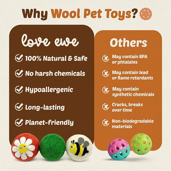 Hustle & Blush Wool Felt Balls - 3 Pack Love Ewe Pet Supplies – 2in Colorful & Durable Cat Toys Handmade from New Zealand, Ideal for Indoor Play and Mental Stimulation – Flower & Bee Design