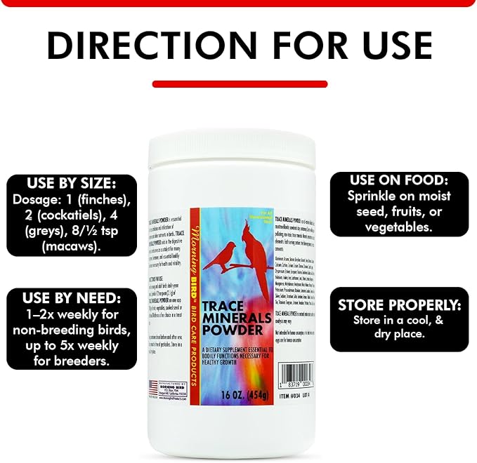 Morning Bird Trace Minerals Powder 16 Oz – Complete Mineral Supplement for Birds – Promotes Energy, Metabolism & Enzyme Activity – Easy to Mix for Daily Vitamin Support.