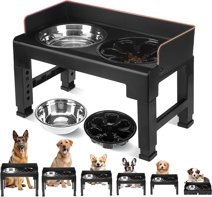 BINGPET Elevated Dog Bowls,Raised Dog Bowl,6 Heights Adjustable Stand,Non-Slip and Non-Spill Food Bowl for Small Medium Large Dogs