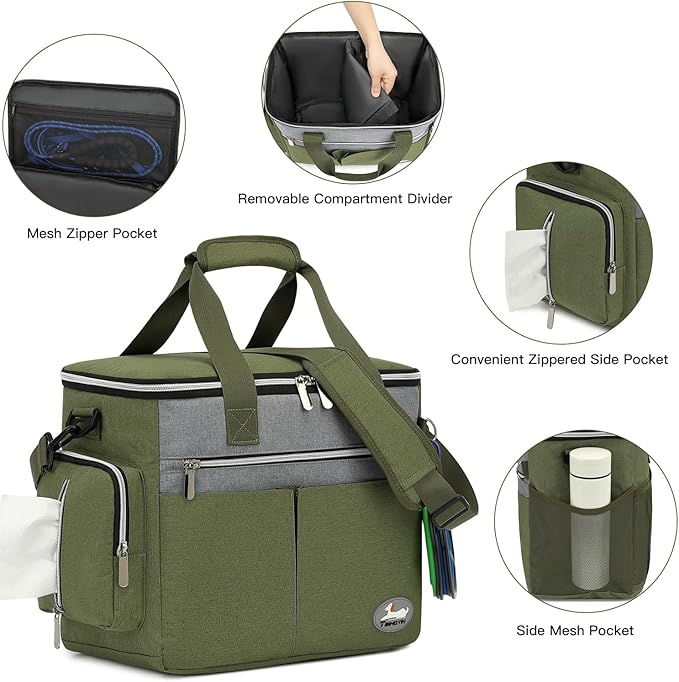 Dog Travel Bag for Pet Kit for Supplies with 2 Food Storage Containers 2 Collapsible Bowl 1 Feeding Mat 1 Dog Treat Pouch 7-Piece Set Perfect Road Trips Camping Weekend Doggy Gift Olive Green