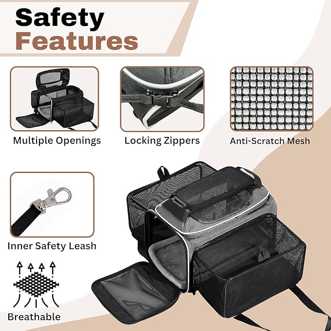 Airline Approved Top-Expanding Pet Carrier on Wheels- Extra Spacious Soft Lined Carrier! 18x11x11 (Grey, Expanding Sides)