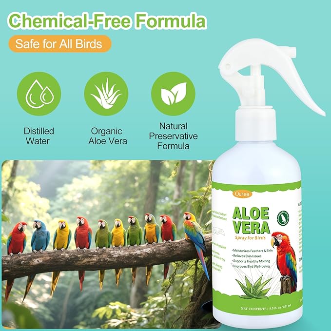 Aloe Vera Bird Spray, Moisturizes Feathers Soothes Dry Itchy Skin, Supports Molting Healthy Plumage, Prevent Feather Plucking Gentle Care, Safe Effective for Parrots Finches All Birds, Odor-Free