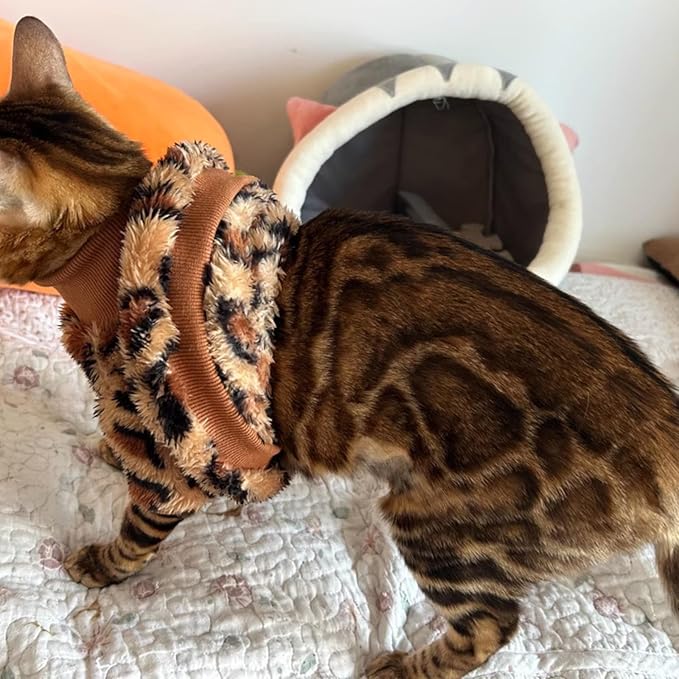 Cat Leopard Double-Sided Fleece Pullover, Soft Warm Clothes for Hairless Sphynx, Devon & All Indoor Kittens in Winter (Leopard,2XL)