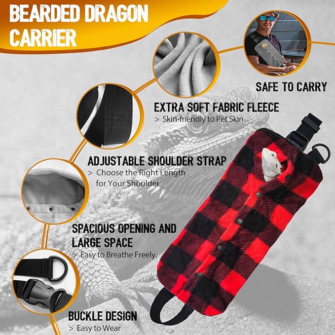WATFOON Adjustable Lizard Leather Leash Harness and Bearded Dragon Carrier Sling, Reptile Small Pet Training Leashes and Beardie Snuggle Bag for Outdoor Travel(Plaid Sling)