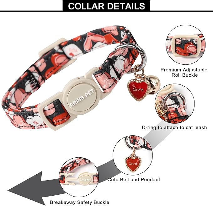ARING PET 2 Pack Valentine's Day Cat Collars-Cute Heart Cat Collar Breakaway with Bell&Pendant, Adjustable Valentine Kitten Collars with Safety Buckle for Girl and Boy Cats