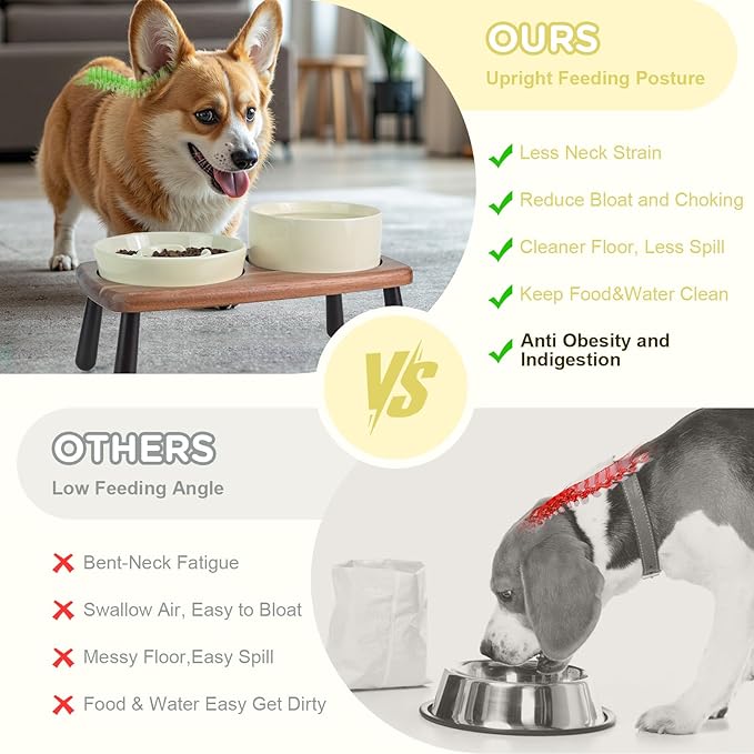 SPUNKYJUNKY Ceramic Elevated Dog Bowls with Slow Feeder Raised with Acacia Bamboo Wooden Stand, 6.1'' Dog and Cat Food Water Bowls Set Non-Slip for Small Medium Sized Breed - Beige