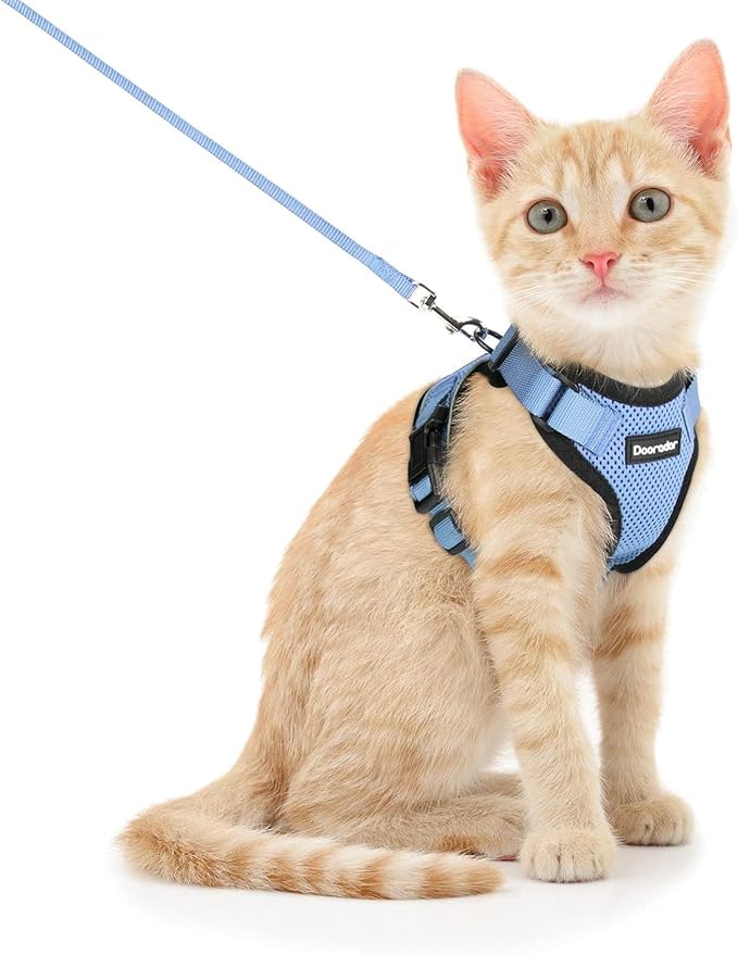 Dooradar Cat Harness and Leash Set, Escape Proof Safe Adjustable Kitten Vest Harnesses for Walking, Easy Control Soft Breathable Mesh Jacket with Reflective Strips for Cats,Light Blue, XS