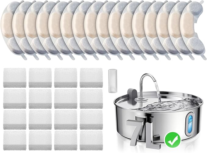 Official 16 Packs Dog Water Filter Replacement and 16 Sponges with 1 Pump Holder for 7L/236oz/1.8Gal Stainless Steel Dog Water Fountain