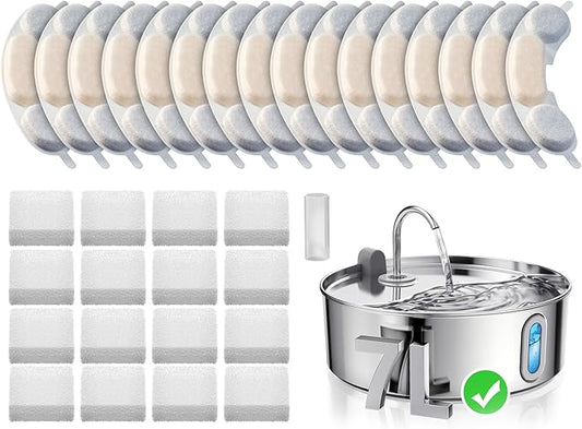 Official 16 Packs Dog Water Filter Replacement and 16 Sponges with 1 Pump Holder for 7L/236oz/1.8Gal Stainless Steel Dog Water Fountain