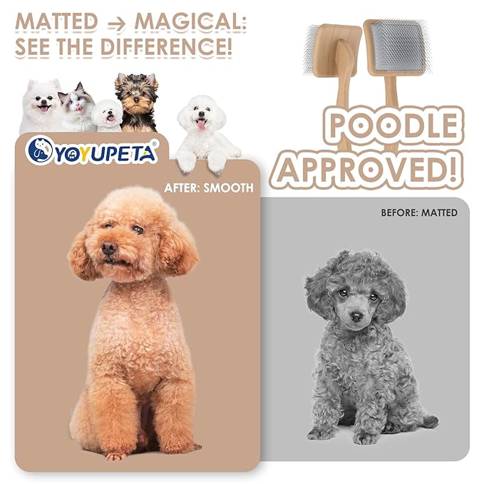 Long Pin Dog Slicker Brush for Poodles, Golden Doodles & Cats - 3-Piece Grooming Kit with Dematting Comb and Pet Comb, Large Wooden Handle Deshedding Tools for Thick Hair Mats Removal