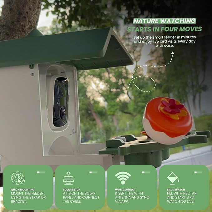 Smart Bird Feeder with Camera Solar Powered, 2K HD Bird Camera Feeder with AI Recognition 11000+ Birds, Night Vision Dual Solar Panels, 32GB SD Card, Outdoor Birdhouse Feeder Hummingbird Feeder