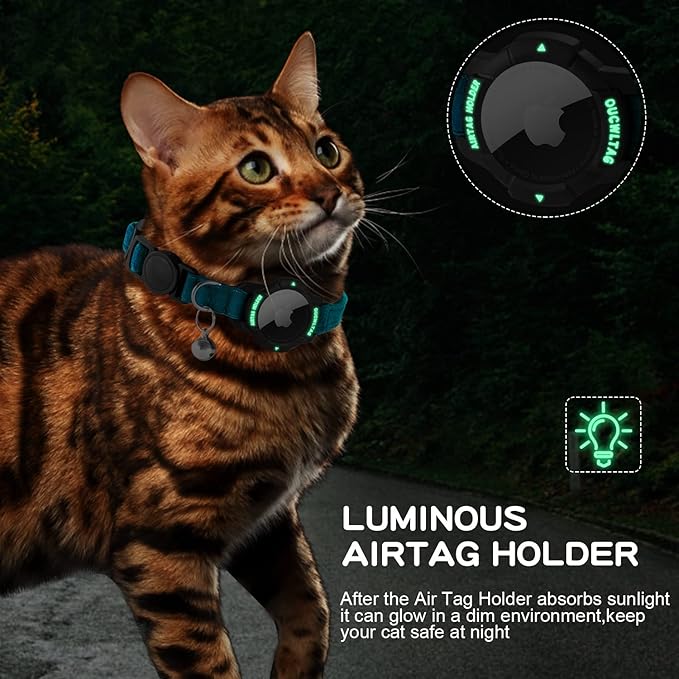 Luminous AirTag Cat Collar Breakaway, OUCWLTAG GPS Cat Collar with Apple Air Tag Holder, Cat Tracker Collars with Safety Elastic Band for Girl Boy Cats, Kittens and Puppies (Blue, 9-13 Inch)