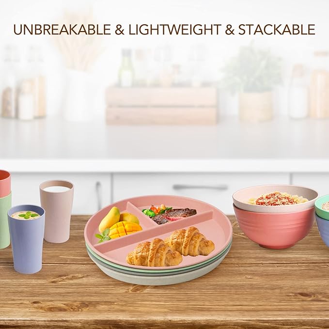 greenandlife 9 Inch (4PCS) Unbreakable Divided Plates for Kids Adults, Dishwasher & Microwave Safe Compartment Plate, Lightweight Reusable Plastic Portion Control Plates, BPA Free and Healthy