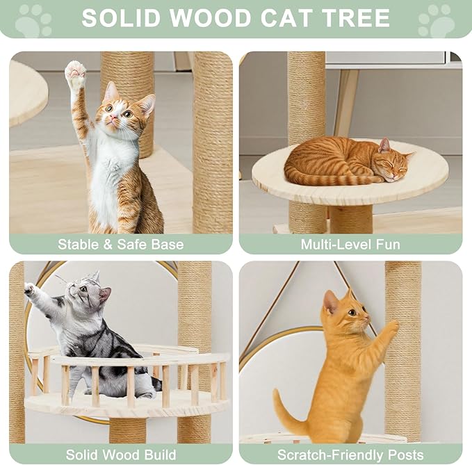 Wood Cat Tree 17” x 16”x 53” Modern Sturdy Cat Tower with Double Condos Hand-Woven Beds & Toys Multilevel Huge Paws Pals Tree Indoor Cat Furniture for Big Cats