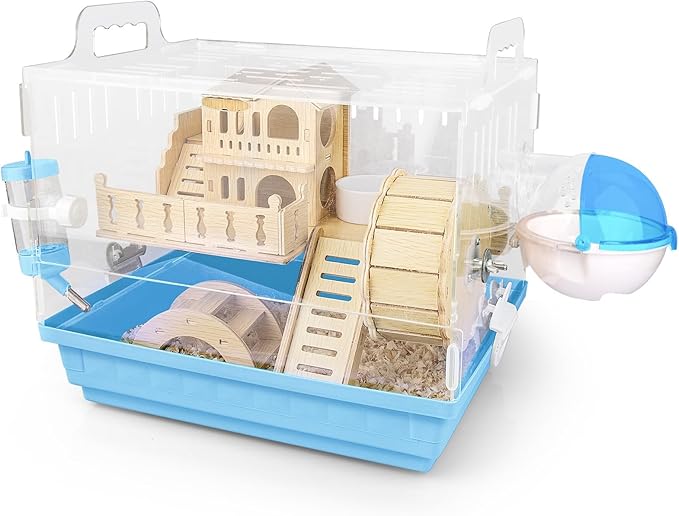 Cycodo 8 in 1 Acrylic Hamster Cage,2-Tier Dwarf Hamster Cage with Wooden Wheel & Hideout,Small Hamster Habitat with Accessories,Clear Pet Mice House(Blue,14" L*10" W*11" H)