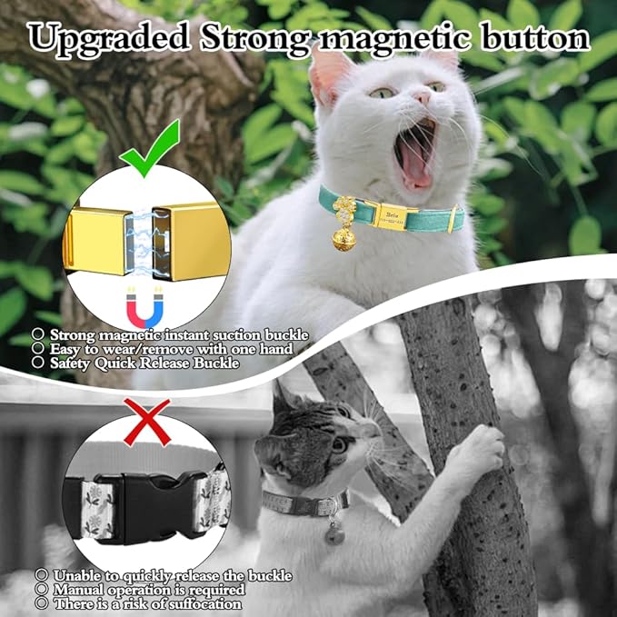 Personalized Breakaway Cat Collars - Magnetic Buckle, Bell - Safety Quick Release, Customized for Girls & Boys Cats- (Velvet-Lake Blue)