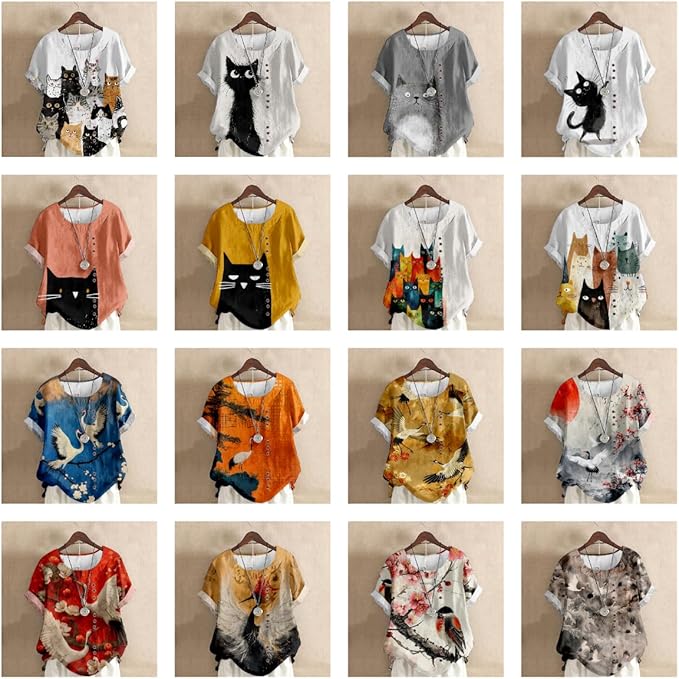 Japanese Print Women Summer Shirts Flower Bird Graphic Plus Size Tunic Tops Crewneck Short Sleeve Blouses