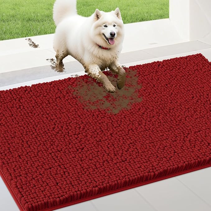 IM HOME Extra Large 60" x 36" Red Dog Door Mats for Muddy Paws, Chenille Absorbent Dog Mat, Non Slip Heavy Mud Mat for Dogs, Soft Pet Bed Mat for Entryway, Mud Paws, Inside Floor