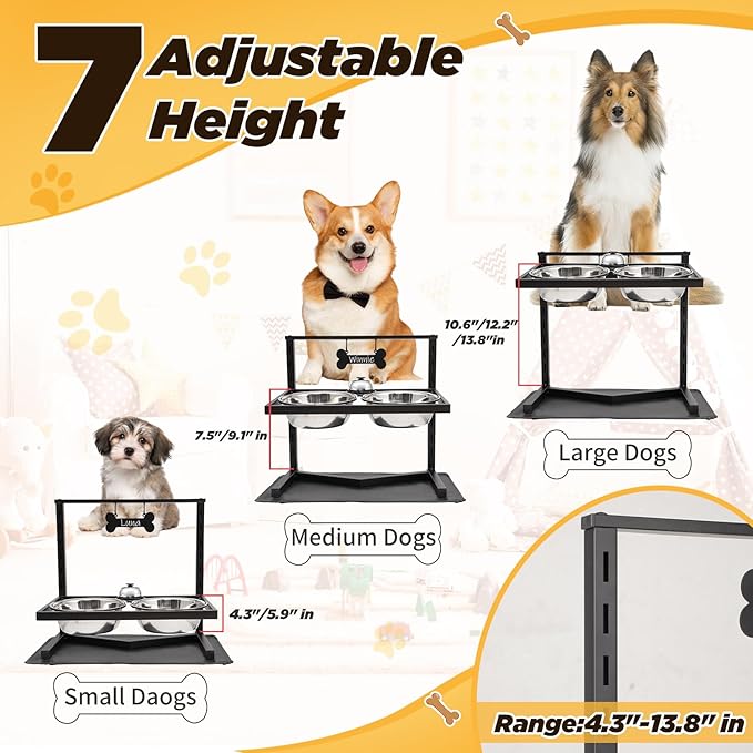 Grand Line Elevated Dog Bowls - 7 Height Adjustable, 10 Tilted Raised Stand With Spill Proof Mat, Two 1.5L Stainless Steel Food Water Bowls for Large Medium Small Dogs (15.4" H)