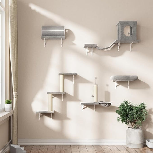 NUNU LAB Wall Mounted Cat Furniture, 7 Pcs Cat Wall Shelves with House, Tunnel, Bridge, Steps, Scratcher, Hammock, Bed, Indoor Safe & Stable Furniture for Kittens Play, Gray