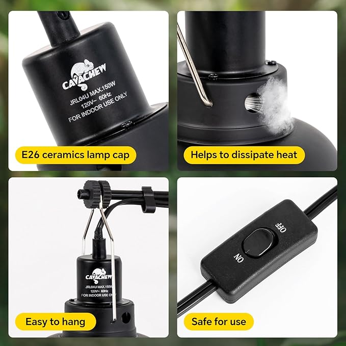 2 Pack Reptile Light Fixture, 8.5in Deep Dome Reptile Lamp Fixture, Optical Reflection Cover, Separate Switch & Hook, Terrarium Light Fixture for Reptile Heat Basking UVB Bulbs, 150W, Black