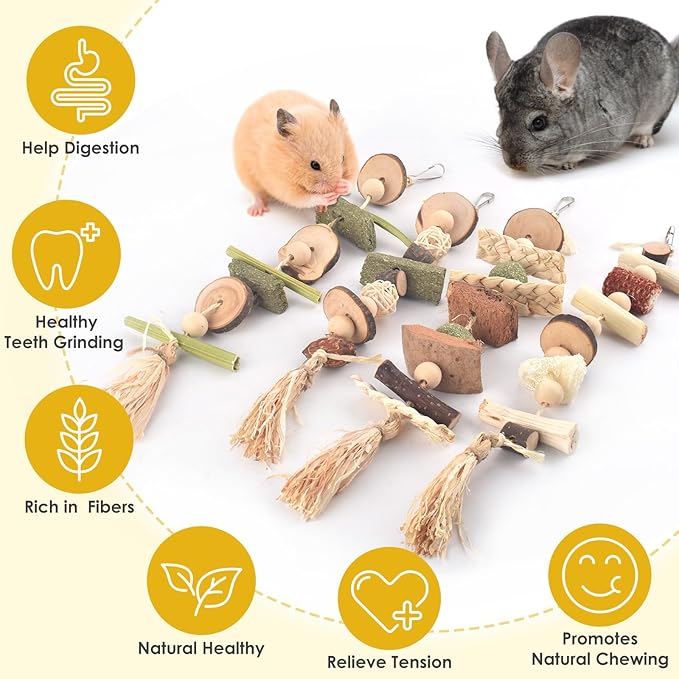 4 Pcs Bunny Chew Toys for Teeth, Hanging Rabbit Chewing Toy Treats with Timothy Grass & Natural Apple Wood, Improve Small Rodent Dental Health for Guinea Pig Hamster Chinchilla Rat Gerbil