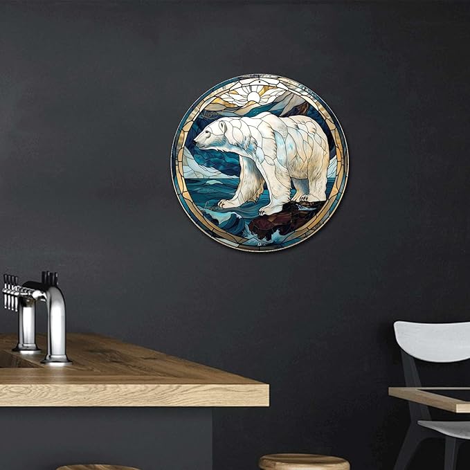 Lygond Metal Sign Tin Sign Circular Stained Glass Polar Bear3 Bar Signs For Home Bar For Yard 12×12 Inches