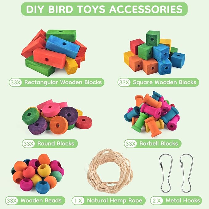 Bird Toys for Parrot, 165 Pcs Colorful Multi-Shaped DIY Wooden Blocks Craft, Birds Cage Chewing Playing Training Toy for Large Cockatoos, Macaws, African Grey and Small Medium Parrots