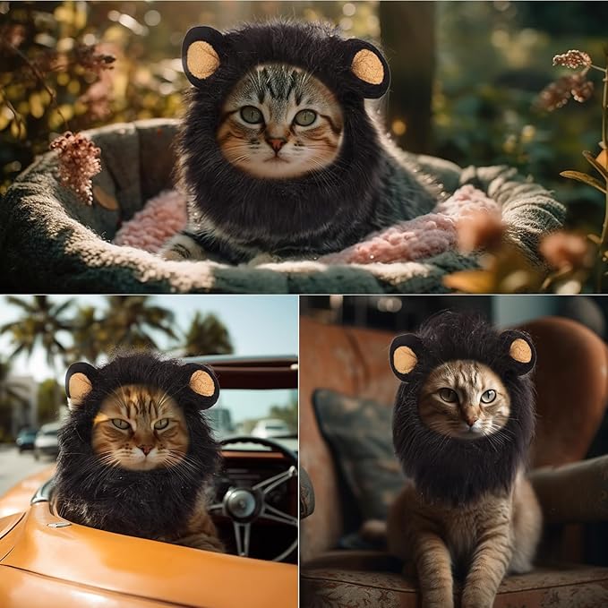 Cat Halloween Costumes - Lion Mane Wig for Cats & Puppies, Adjustable Pet Cosplay Apparel Kitten Outfits for Halloween Christmas Cat Birthday Party (Black)