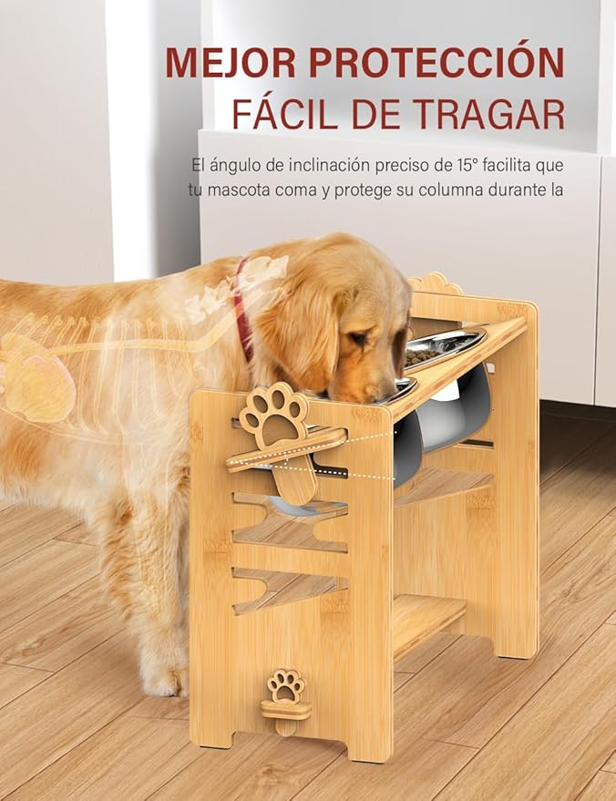 Vantic Elevated Dog Bowls, Adjustable Raised Dog Bowl Stand for Large and XLarge Pet, Sturdy Bamboo Food Feeder with 2 Stainless Steel Dishes, Natural