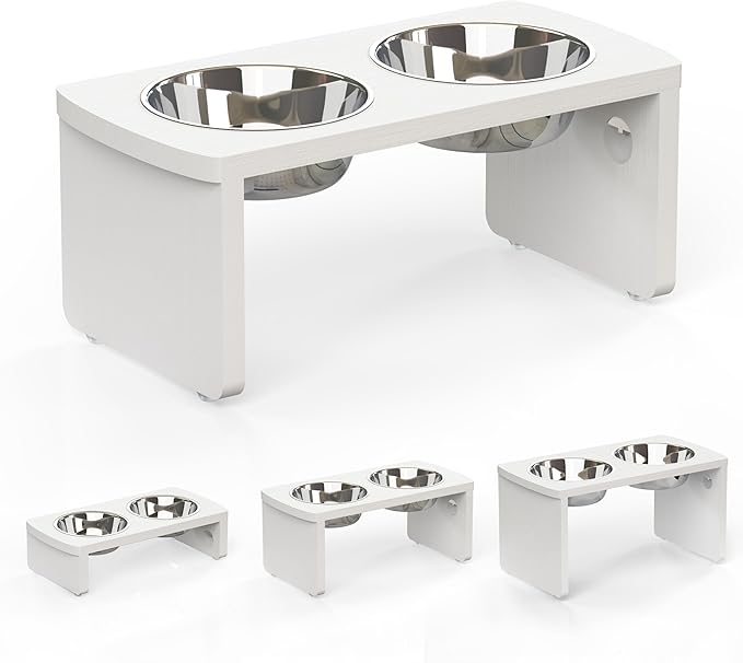 Elevated Dog Bowls, HIPS Raised Dog Bowl for Medium Dogs, with 2 Stainless Steel Bowls (7'' Tall-40 oz Bowl, White)