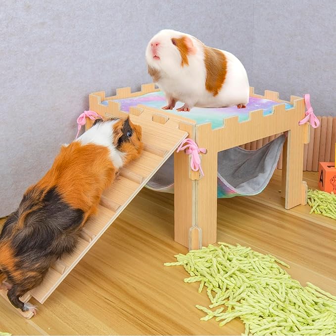 Guinea Pig Hammock with Platform and Ramps,Wooden Small Animal Hideout with Waterproof Coating Mat Hammock,Guinea Pig Cages Accessories Toys Hiding Playing,Easy to Clean(Single)