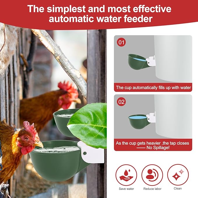 Chicken Waterer Cups (8 Pack/Green) - DIY Automatic Large Chicken Water Feeder for Ducks,Chicks, Turkeys, Quail, Bunny, Bird and Other Various Poultry Dispenser with Matching Drill