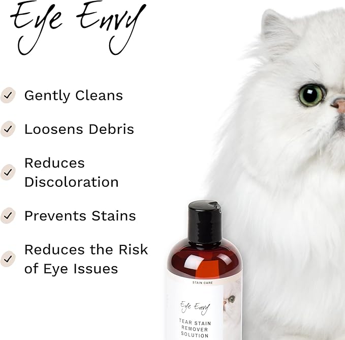 Eye Envy Tear Stain Remover Solution for Cats. 100% Natural, Safe. Treats The Cause of Stains. Recommended by Breeders, Vets, Groomers. Remove Eye Stains from Persians and Exotics. 32 oz. Made in USA