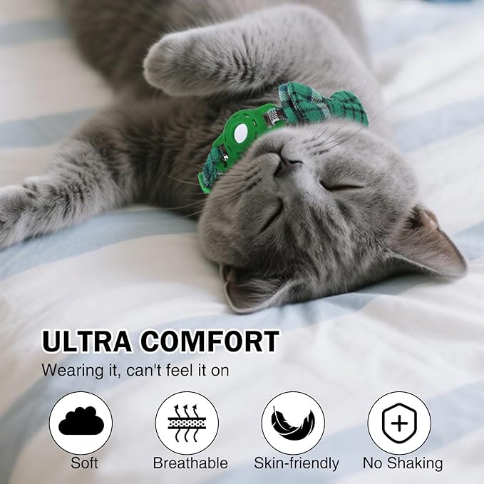 Airtag Cat Collar Breakaway with Bells and Bowtie -Upgraded Safety Kitten Collar for Air Tag Holder -Cute GPS Cat Tracker Collars for Girl Boy Cats, Kitty and Puppies, Green