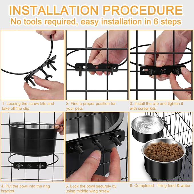 Dog Crate Bowls Hanging No Spill, ShineMe 60oz & 40oz Stainless Steel Dog Kennel Food and Water Bowls Mountable for Large and Medium Pets (7.0 x 3.7” & 6.2 x 2.5”)