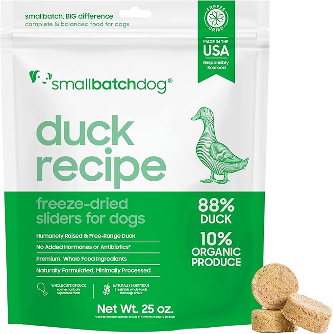 smallbatch Pets Freeze Dried Raw Dog Food, Duck Recipe, 25 oz, Organic High Protein Dog Food, Grain Free, Made in The USA, Humanely Raised Meat, Single Protein, for Picky Eaters, Hydrate & Serve