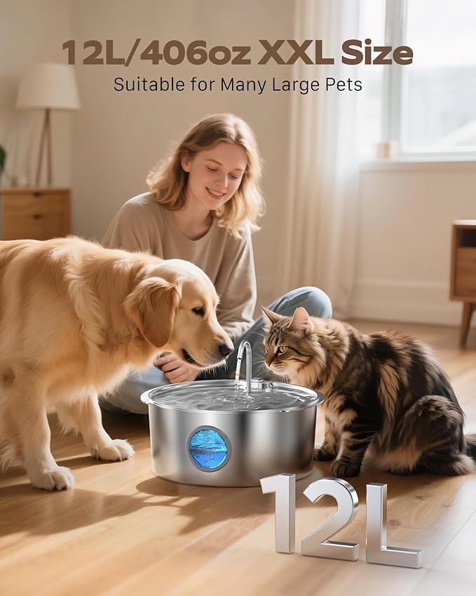 Dog Water Fountain for Large Dogs: Stainless Steel Dog Fountain Water Bowl - 3.2Gal/406oz/12L Super Quiet Big Cat Water Fountain with Visual Water Level -Great for Large Dogs Cats and Multi-Pet Home