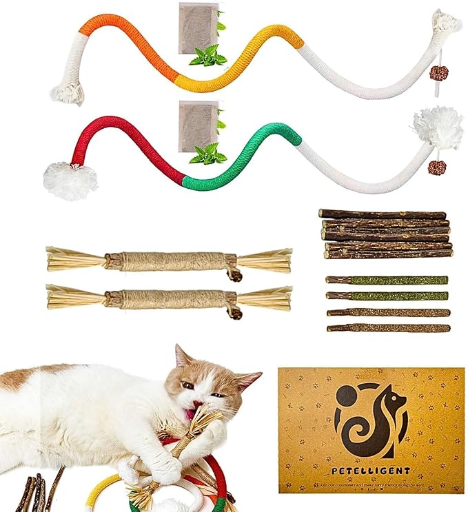 Catnip Chew Toys for Cats, 12 Pack Cat Toys with Silvervine Sticks, Natural Silvervine Stick Cage Balls & Bell Balls for Indoor Cats